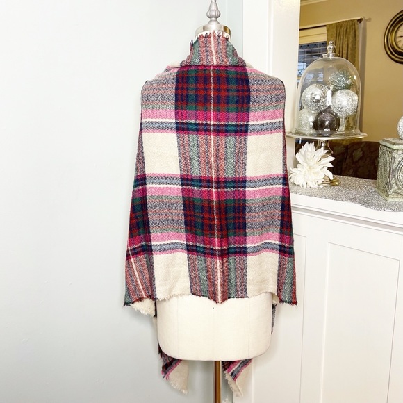 Pink Wool Plaid Tartan Blanket Scarf New Beige Red - Picture 6 of 9